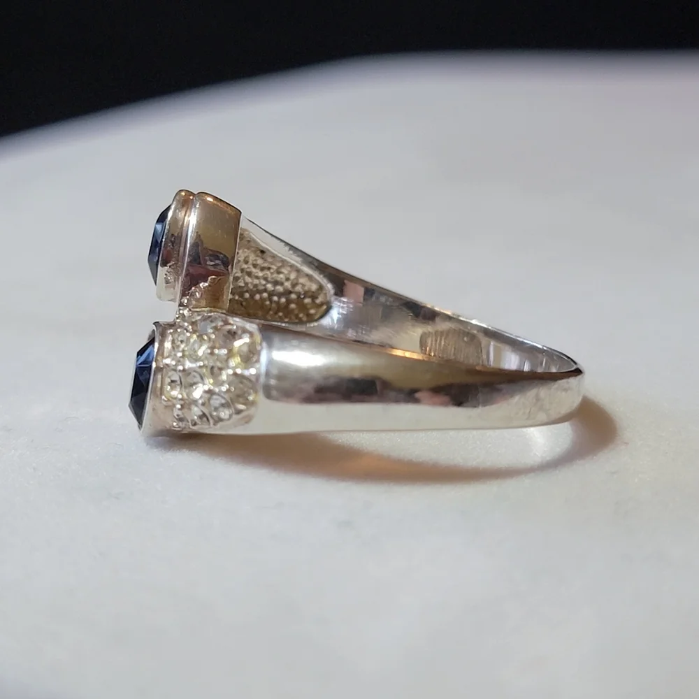 Vintage Silver Tone Faux Diamond and Sapphire Bypass RingSize 12.5